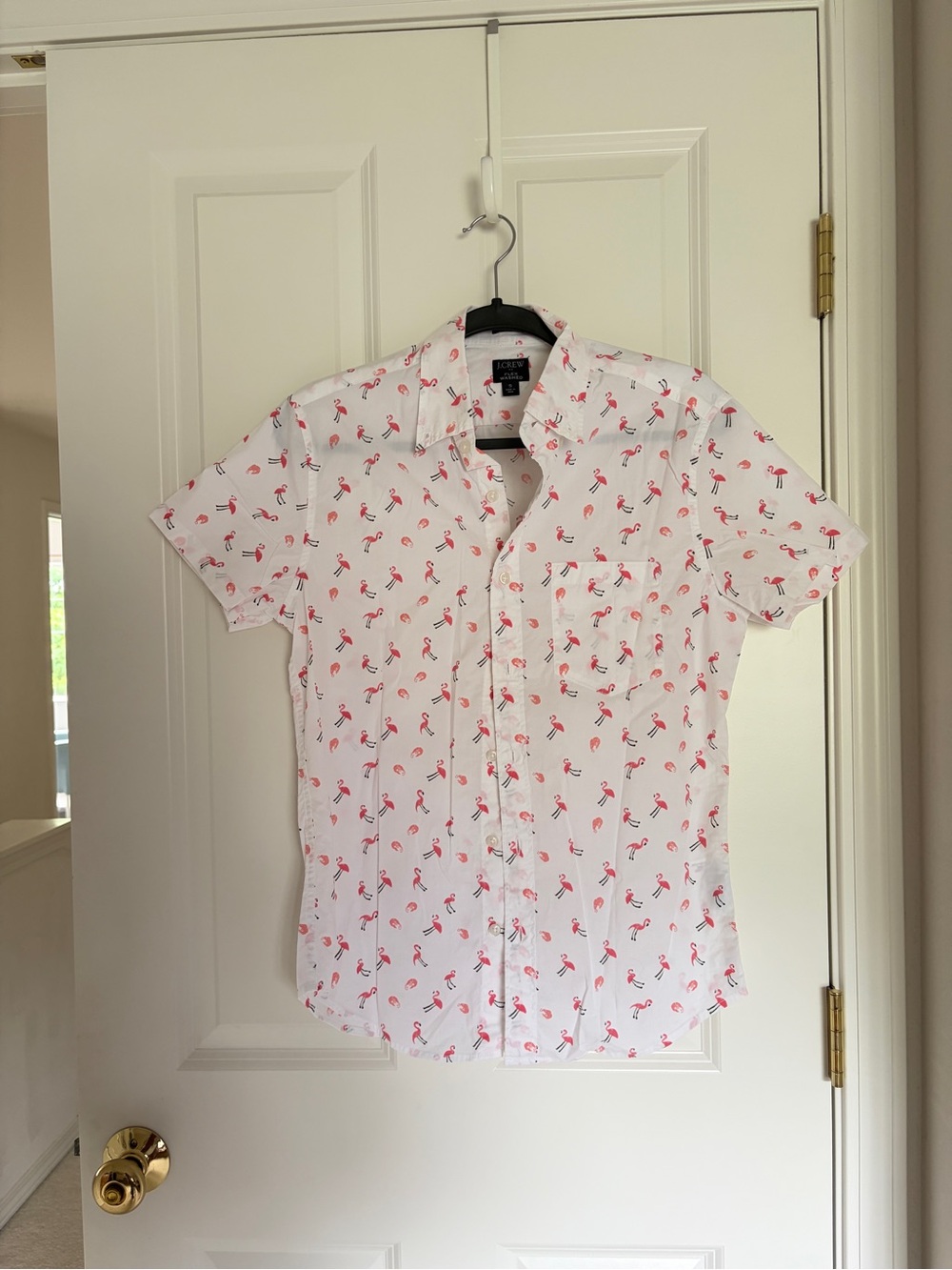 J. Crew White Short-Sleeve Button-Down Shirt with Pink Flamingo Print